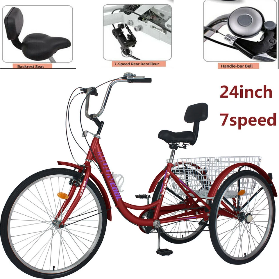 Triciclo deportivo para adultos 24"" 7 velocidades bicicleta a pedales con cesta + cojín de respaldo Foto 1 de 4