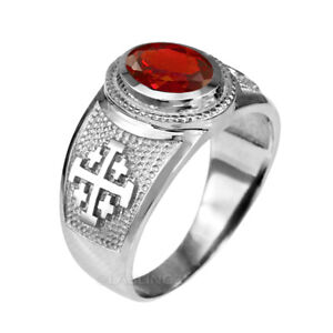 Sterling Silver Jerusalem Cross Garnet Red CZ January Birthstone Ring