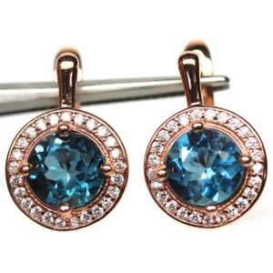 925 Plata de Ley 7Mm. Londres Azul Topacio & Circonita Pendientes - Imagen 1 de 4