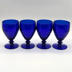 Cobalt Blue Depression Glass Paden City Penny Line Set of 4 VTG Low Water Goblet - Picture 1 of 4