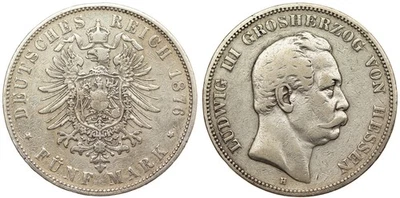 Moneda de plata Imperio Alemán 5 marcos 1876 Luis III de Hesse - RARA Foto 1 de 3