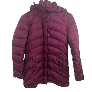 Lands' End Women's Jacket Puffer Coat XS Down Maroon Magenta Removable Hood Midi - Picture 1 of 11