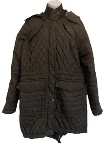 Vince Camuto schwarzer gesteppter gefütterter langer Mantel mit Kapuze Reißverschluss Druckknopfverschluss Größe Large - Bild 1 von 16