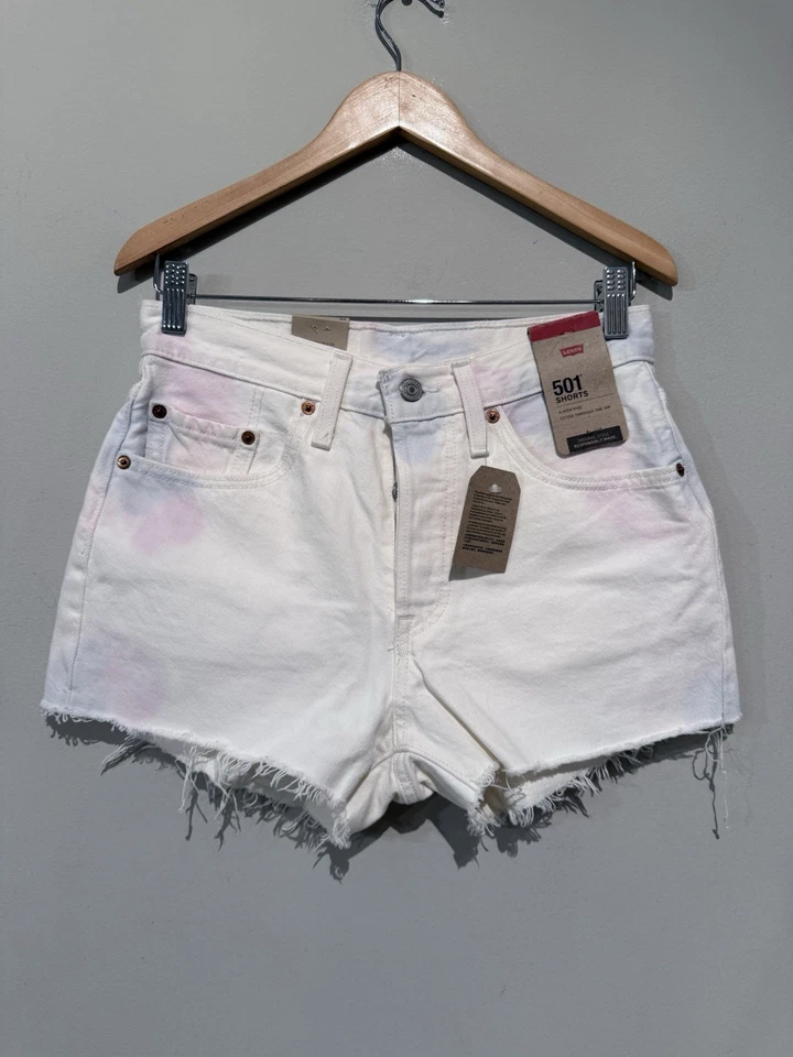 Pantalones Cortos Para Mujer LEVI'S 501 Corte Talla 26 Blanco Rosa Azul Tie Dye Tire Alto Foto 1 de 4