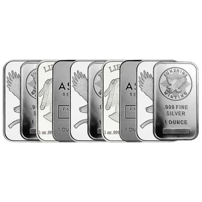 Barra de plata de 1 oz (estado variable, cualquier como nueva - lote de 10) marca aleatoria Foto 1 de 3