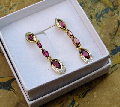 Pendientes Gotas Oro 9CT Turmalina Rosa y Gotas Diamantes (D5EV) Foto 1 de 4
