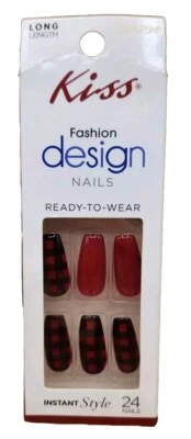 KISS GLUE ON NAILS Black & Red Plaid LONG LENGTH Coffin Ballerina Shape, NEW - Image 1 of 4