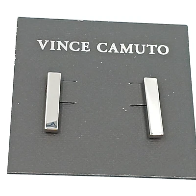 Vince Camuto 7/8" Rectangle Bar Push Back Closure Earrings Shiny Silver Tone New - Image 1 of 3