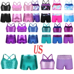 Girls 2Pcs Sequins Mermaid Ballet Dance Tankini Outfit Tank Top Booty Shorts - Picture 1 of 113