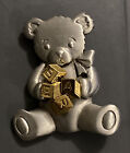 VTG Signed JJ Silver Tone Teddy Bear Holding Gold Tone Blocks Brooch Pin 1.75?