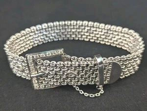Bracciale Vintage Argento Sterling Zirconi Cintura Maglia Sicurezza Regolabile 9" Idea Regalo 925 - Foto 1 di 7