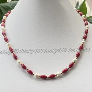 AAA Natural 6x10mm Rice Red Coral Gems & 5-6mm Round White Pearl Necklace 18-36" - Picture 1 of 4