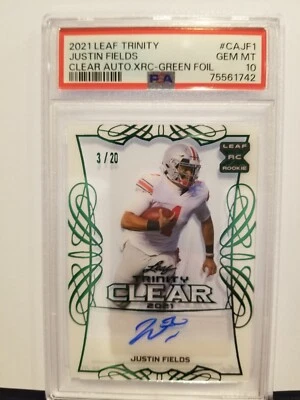 2021 LEAF TRINITY JUSTIN FIELDS CLEAR RC Green AUTO 3/20 Buckeyes PSA 10 - Image 1 of 2
