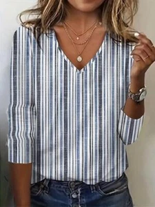 Fashion Women Blue Gray Striped Print V Neck T-Shirt Casual Half Sleeve Clothing - Picture 1 of 3