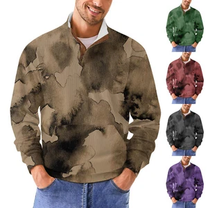 Mens Quarter Button Sweatshirts Standing Neck Corduroy Sweaters Long Sleeved Top - Picture 1 of 27