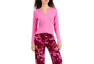 JENNI Women's Split-Neck Ribbed Long Sleeve Pajama Top $30 Pink Tease - Picture 1 of 9