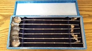 6 JAPAN 950 STERLING SILVER ICE TEA STRAWS W JAPANESE FIGURE CHARMS ORIGINAL BOX - Picture 1 of 20