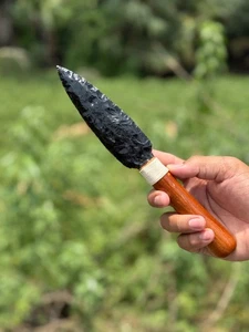 Amazing Black Obsidian Crystal Gemstone Glass Knife With Wooden Handle Handmade - Picture 1 of 7