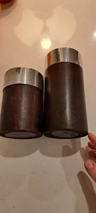 Set Of 2 - MCM  Dk. Walnut Wood Metal Silver PILLAR  Candle Holder 5" + 7" - Picture 1 of 4