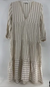 Maxi Vestido Boho ZARA Grande Marfil Rayas Cuello en V Mezcla de Lino en Niveles - Imagen 1 de 7