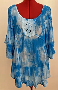 STEP IN STYLE TOP COVER UP~1X~BLUE TIE DYE~FLUTTER SLEEVE~SPLIT SIDES~BOHO BEACH - Picture 1 of 10