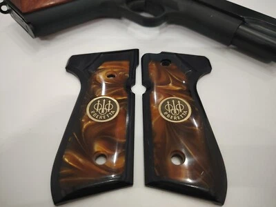 Gold pearl beretta 92 fs grips inlay gold metal medallion black wood Altamont