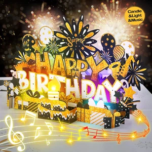 Birthday Card | Musical Pop up Birthday Cards W Light | Blow Out LED Light Candl - Picture 1 of 12