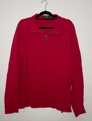 Polo Ralph Lauren 1/4 Zíper Pulôver Suéter Masculino 2XB Logotipo Vermelho Malha Preppy - Imagem 1 de 4
