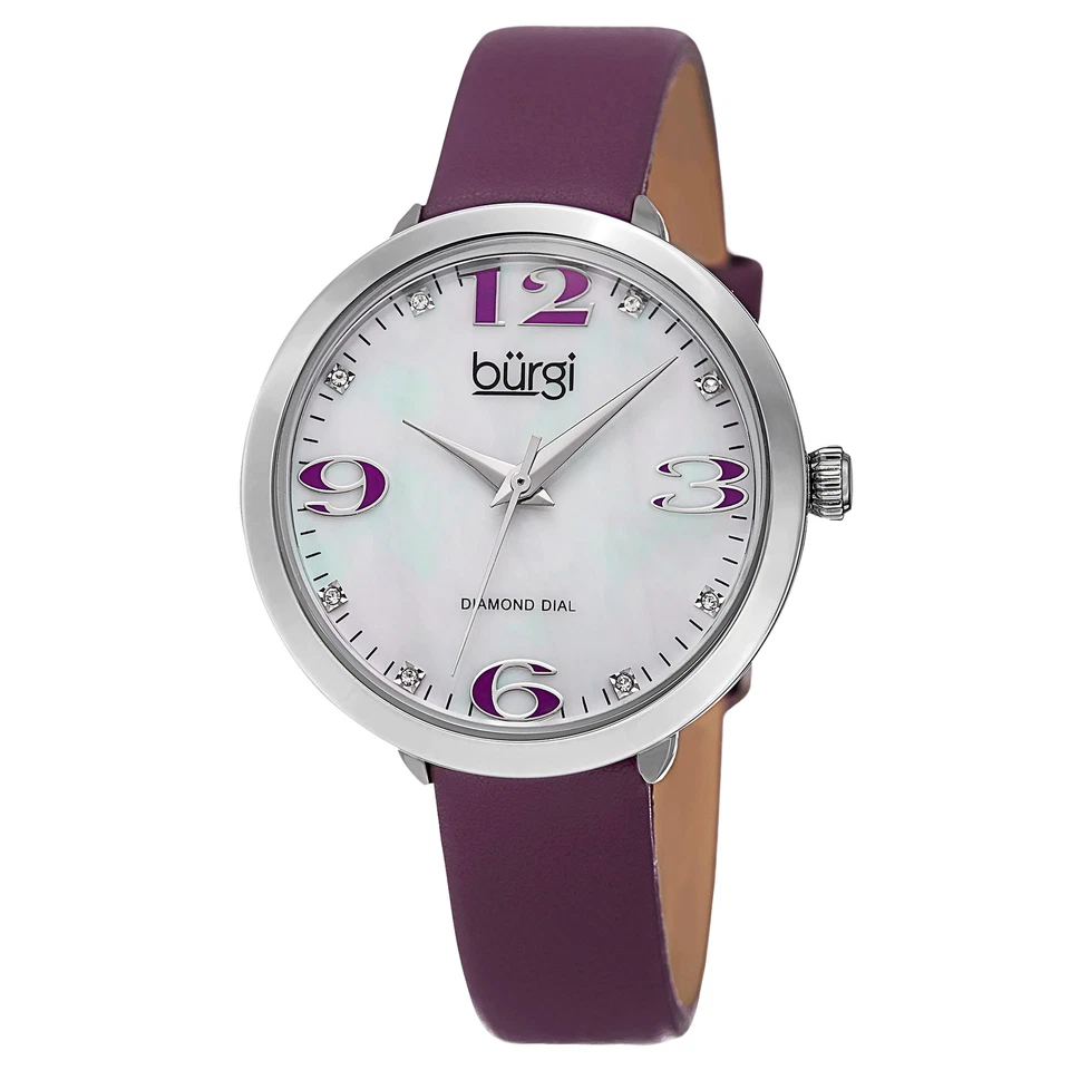 Women's Burgi BUR119PU Classic Diamond Markers MOP Purple Leather Strap Watch