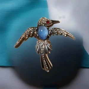 ☆Vintage Silver Phoenix Bird Cabochon Blue JellyBelly Brooch - Picture 1 of 4