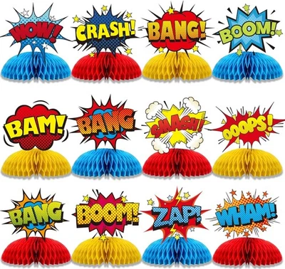 12 Piezas Centros de Mesa de Fiesta de Cumpleaños de Superhéroe en Panal Héroe Foto 1 de 4