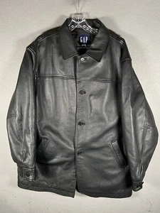 Vintage GAP Jacket Genuine Leather Car Coat Size XL Black Heavyweight Button - Picture 1 of 11