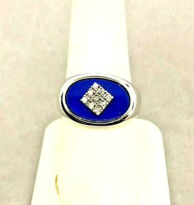 Estate 14K WG Natural Lapis Lazuli & Diamond Mens Signet Style Ring Size 10