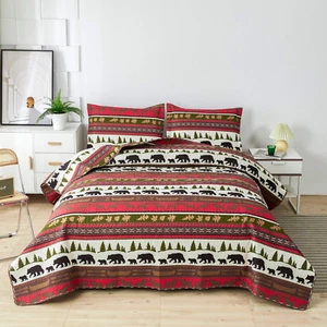 Lodge Quilt Set Full/Queen Size Rustic Cabin Bedding Moose Bear Printed Bedsprea - Picture 1 of 12