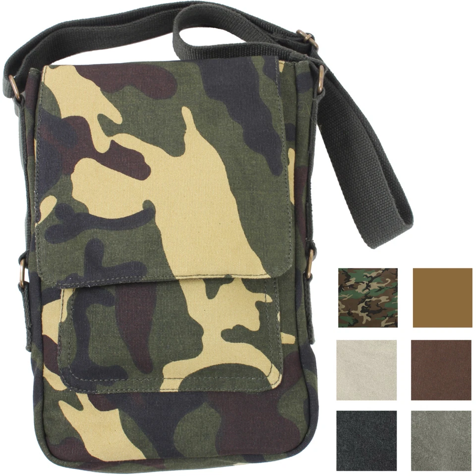 Vintage Canvas Tablet Messenger Bag, Tech Case Travel Shoulder Pouch Army Camo - Image 1 of 1