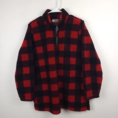 Quacker Factory Jacket Women Medium Red Black Fleece 1/4 Zip Pullover Pockets - Image 1 of 4