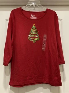 Classic  Elements (18W/20W) Christmas Top Stretch Knit Red Green RibOn Tree Seqs - Picture 1 of 12