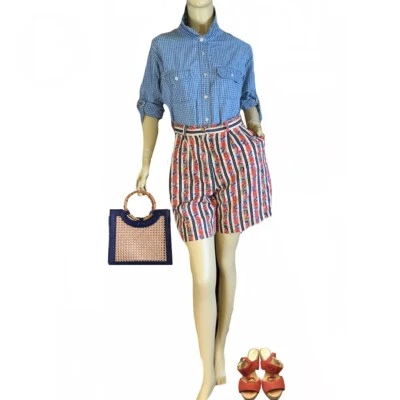 VINTAGE 1990'S TALBOTS RED & BLUE FLORAL PRINT LINEN BLEND SHORTS SIZE 6 - Image 1 of 4