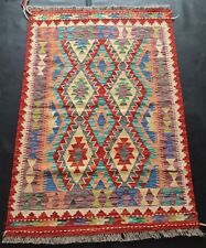 Multicolour Handmade Afghan Kilim Rug, Wool Aztec Reversible Rug, Size145x100 CM