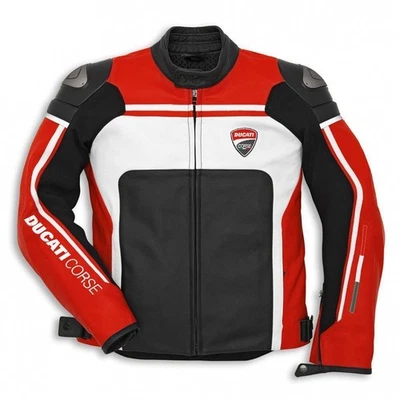 Jaqueta masculina de couro para motocicleta Ducati Corse C5 – corrida de motociclista preta vermelha - Imagem 1 de 3