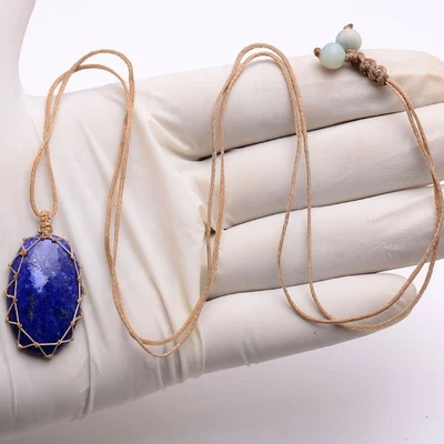 Handmade Natural Lapis Lazuli Cabochon Bohemian Macrame Necklace Healing Pendant - Image 1 of 4