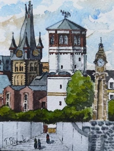ORIGINAL AQUARELL - Lambertuskirche, Schloßturm und Pegeluhr in Düsseldorf. - Picture 1 of 1