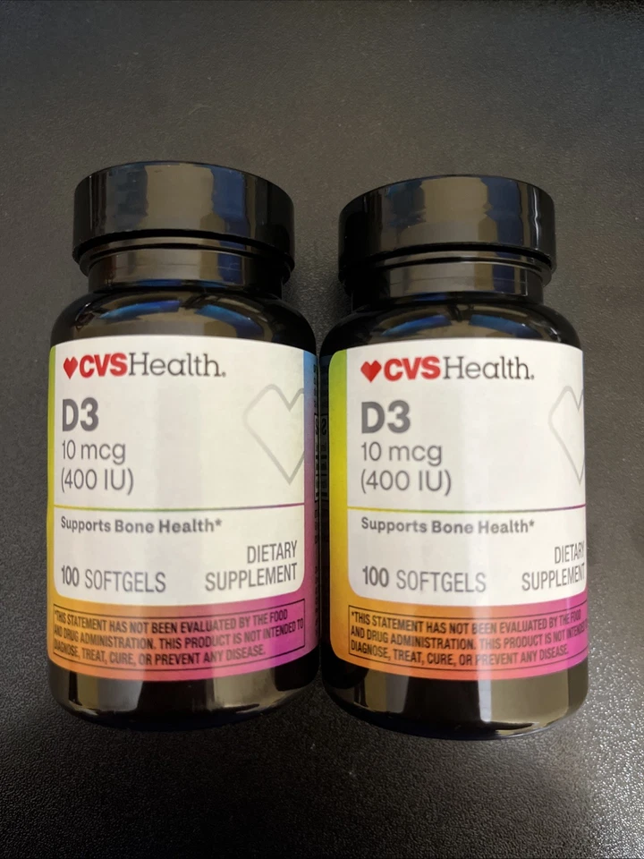 2* CVS Health D3 10 mcg 400 UI suplemento dietético 100 cápsulas blandas ea caducidad 26/07 Foto 1 de 1