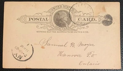 1889 UNITED STATES POSTAL CARD UX9 HANOVER ONTARIO VF  - Image 1 of 2