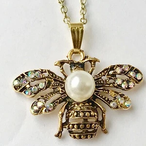 Collar colgante dorado abejorro 18" insecto reina bea estilo vintage chapado en perlas - Imagen 1 de 12