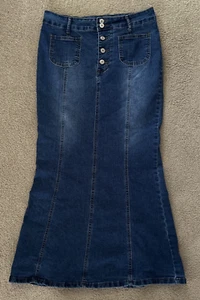 Shein Damen L 8/10 Maxi blau Denim gerissen Rock Knopfverschluss Stretch - Bild 1 von 8