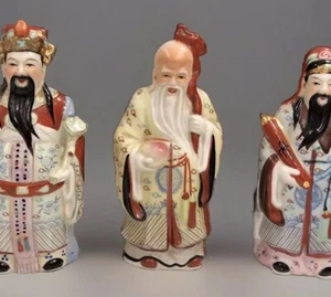 Fu Lu Shou Set Of 3 Chinese Colorful Porcelain Figurines - Picture 1 of 24