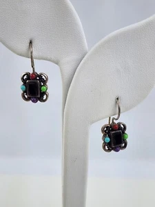 Vintage 925 Sterling Silver Square Multi-Gemstone Dangle Drop Earrings Signed - Picture 1 of 7