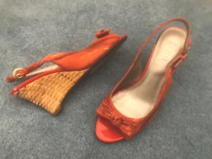 Nickels Orange Multi Canvas Bow Peep Toe Slingback Wedge Sandal Woven Heel 8M - Picture 1 of 4