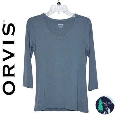 Orvis T-Shirt Womens Medium Slim Slate Blue Gray 3/4 Sleeves Pima Cotton Stretch - Image 1 of 4